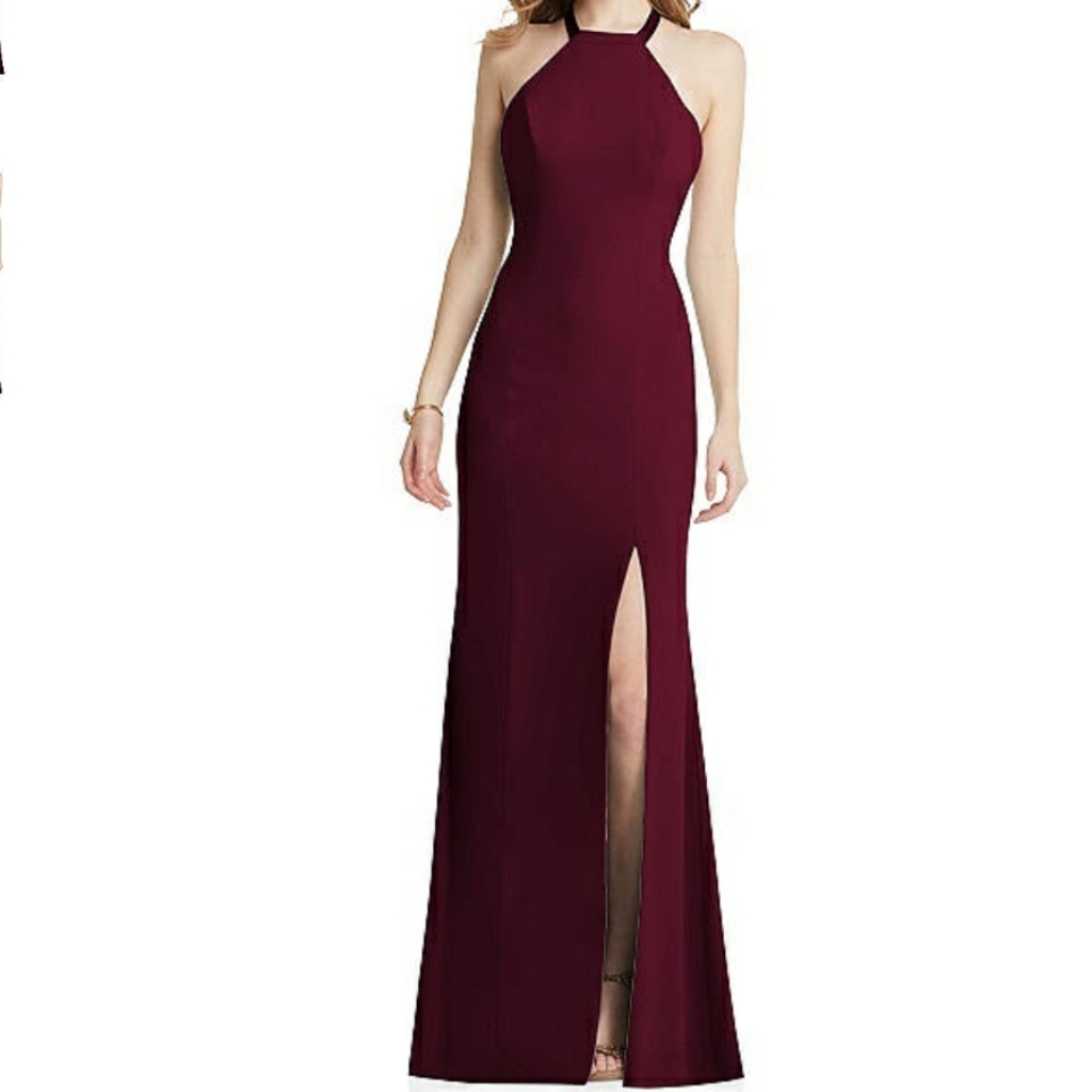 After Six Halter Neck Side Slit Gown In Cabernet Size 8r Nwot's
